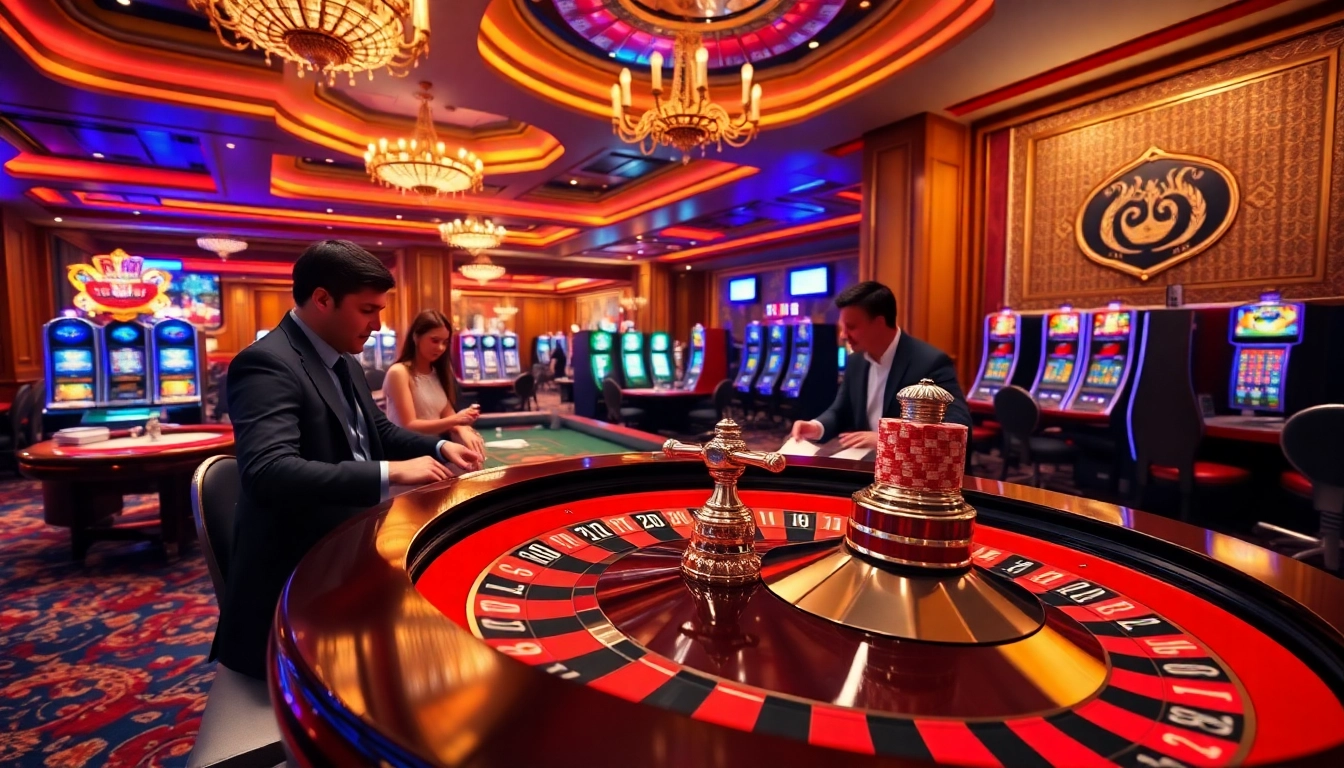 Exciting roulette action at a luxurious casino, featuring players and vibrant decor promoting https://uu88.bio/.