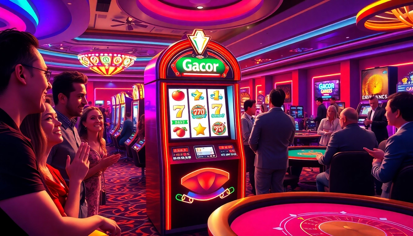 Excited gamblers at a Slot Gacor machine in a vibrant casino atmosphere.