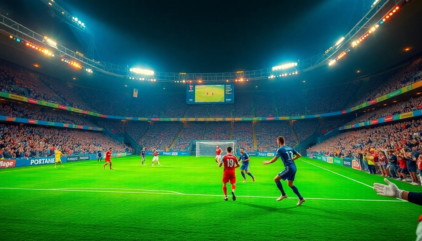 A lively soccer match scene showcasing fans at the stadium for joemadfan.com, full of excitement and vibrant colors.