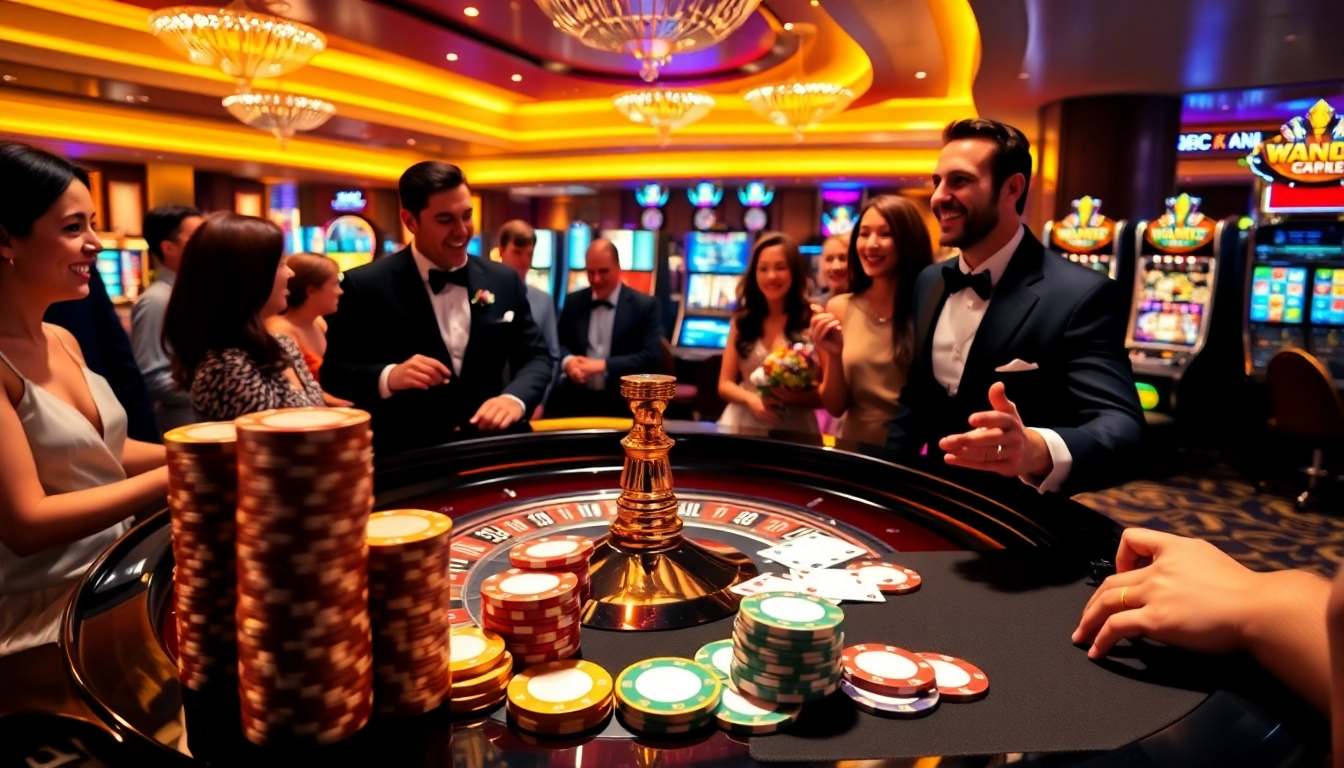 A thrilling gambling scene at loto188.gb.net with poker chips and a roulette table in a luxurious casino.
