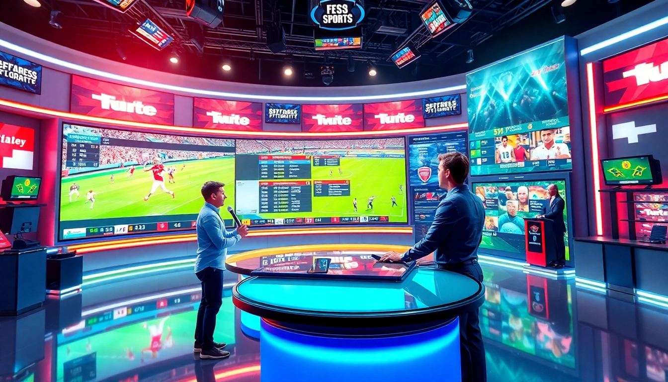 Engaging scene of Sports Broadcasting studio with hosts and digital displays.