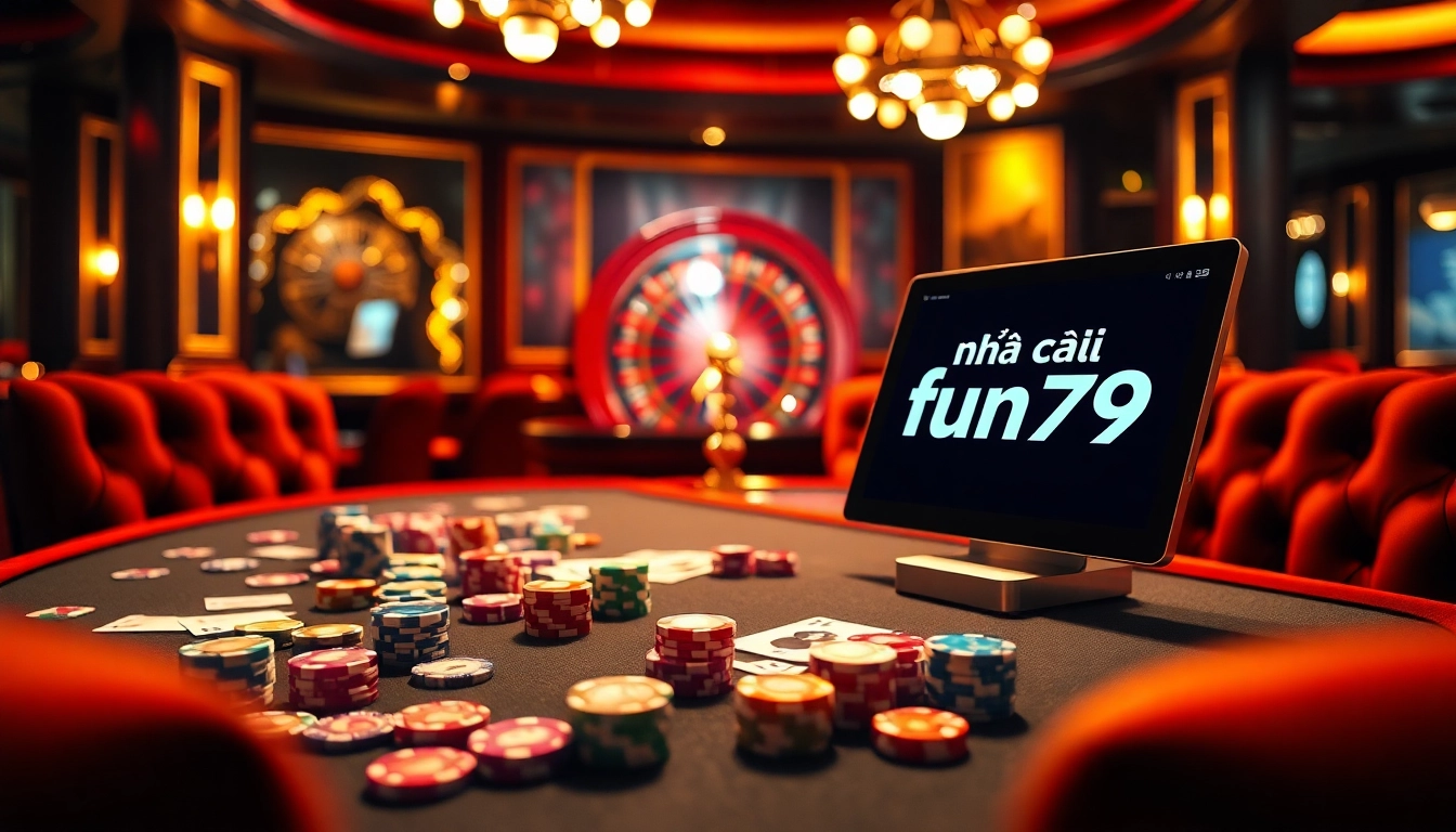 Engaging scene at nhà cái fun79 featuring thrilling poker action with vibrant chips and roulette.