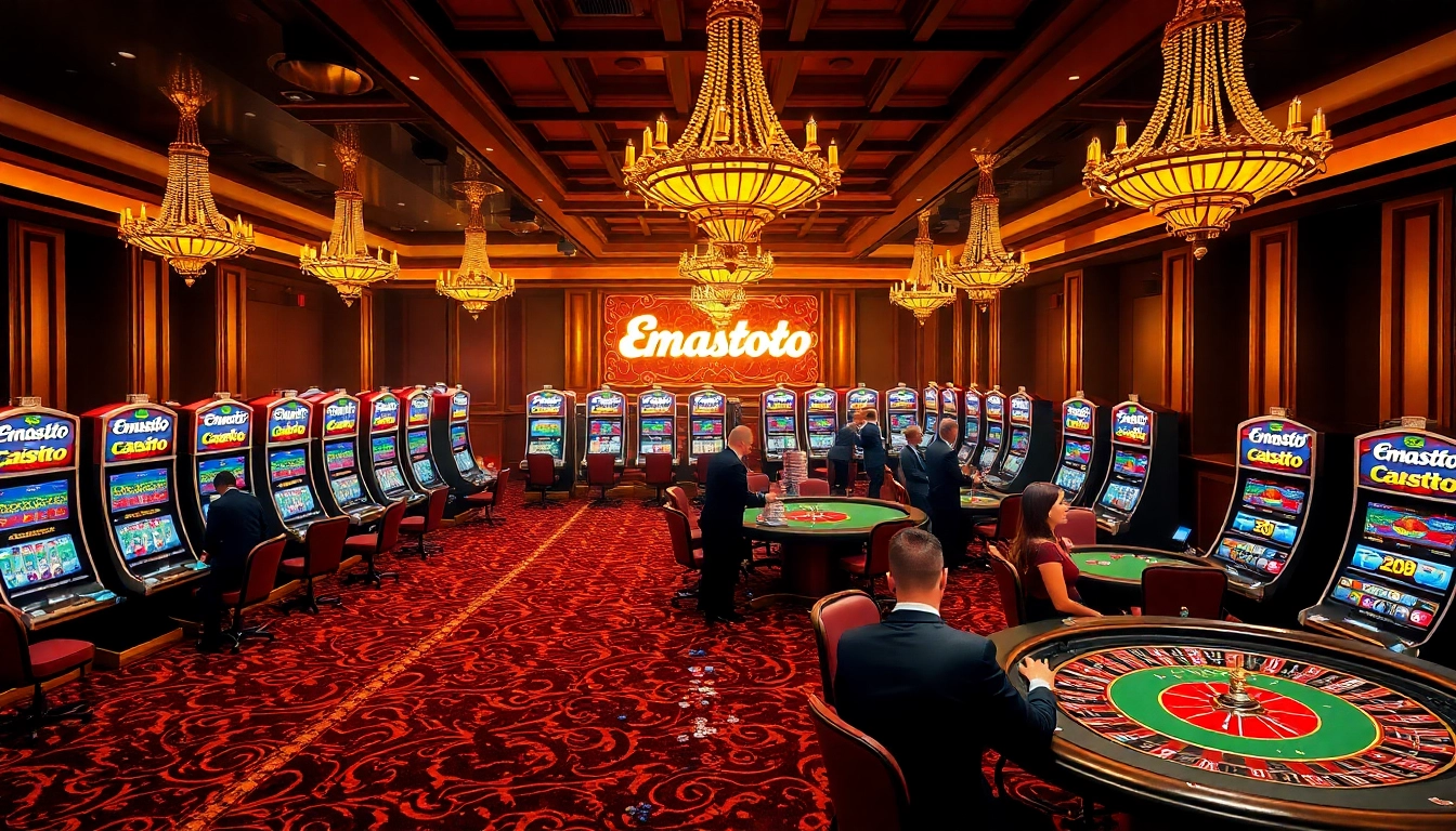 Engaging players enjoying Emastoto slots in a vibrant casino atmosphere.