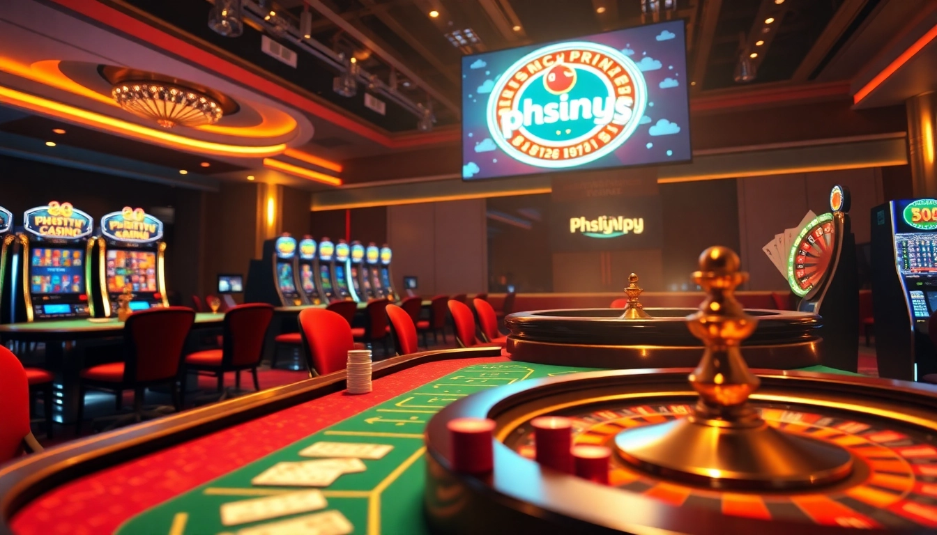 PHSKY app showcases an exciting blackjack table with colorful chips and a spinning roulette wheel in a vibrant casino setting.
